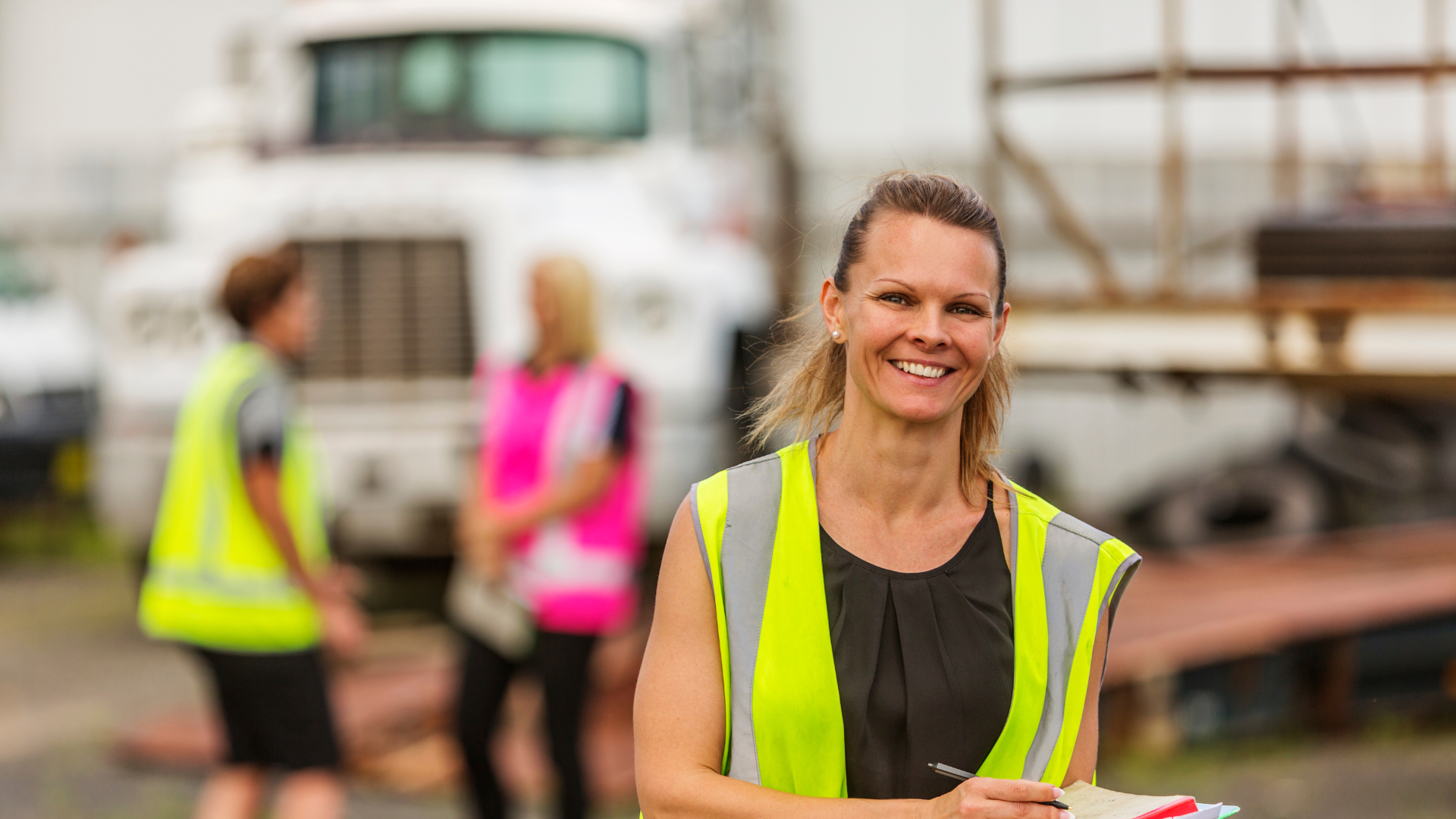 Woman in high vis clothing with a pen and notepad in front of two other workers in high vid clothing in front of a truck.