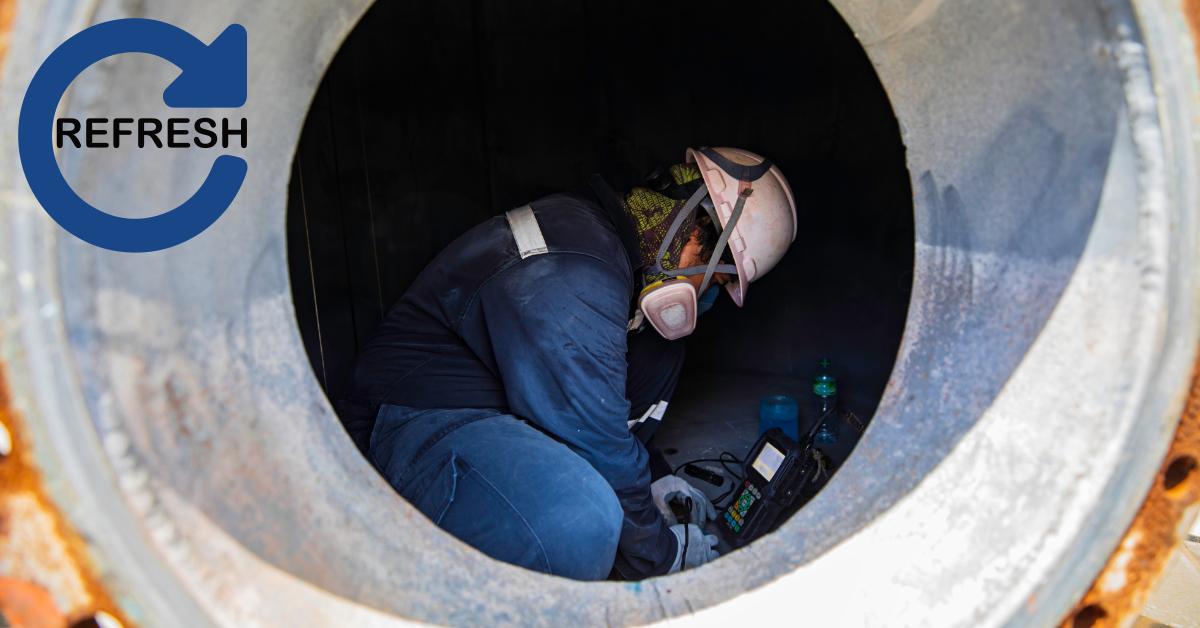 Worker conducting gas testing in a confined space for the Confined Spaces & Gas Test Atmospheres Refresher Course at Down Under Training.