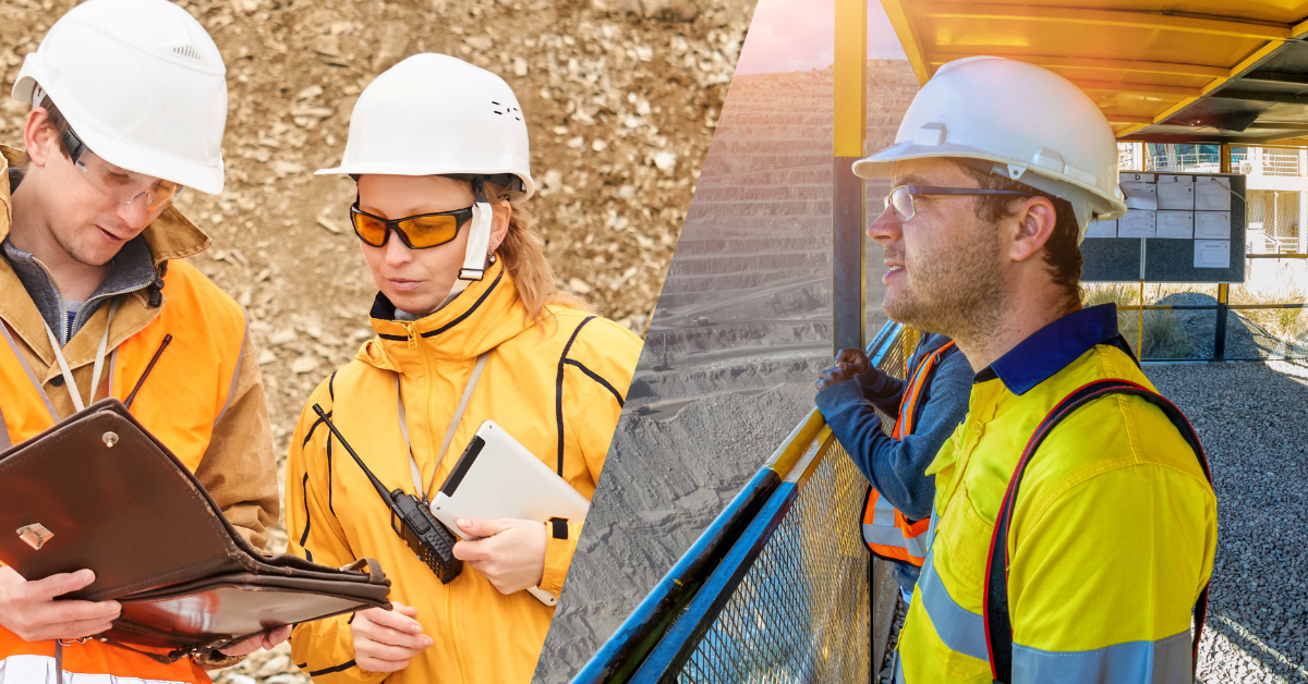 Split image showing workers conducting risk management and supervising activities, representing the Mining Supervisor (S123) and G2 Risk Facilitator Combined Course at Down Under Training.